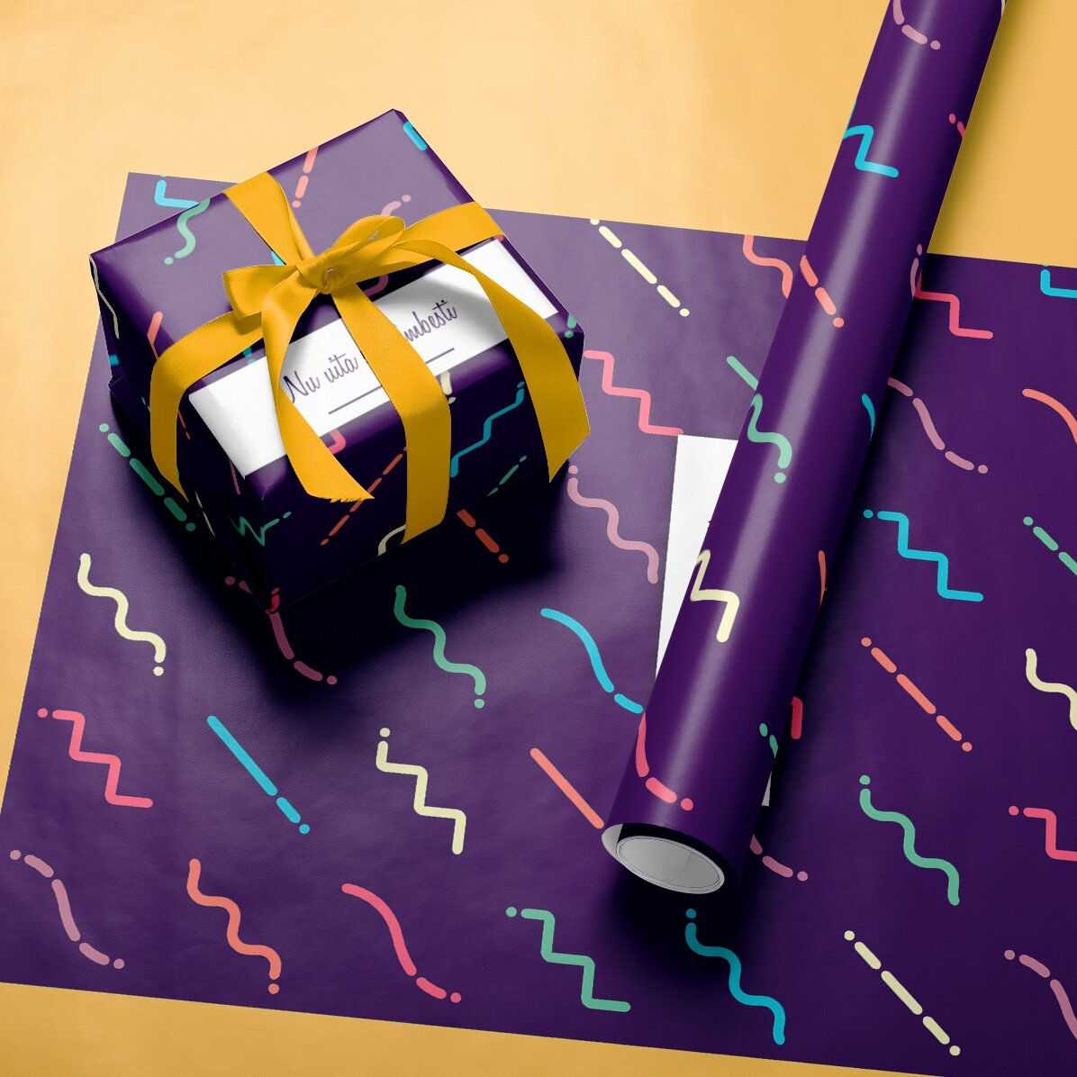 Personalised gift wrapping paper with text in a border, dark purple background