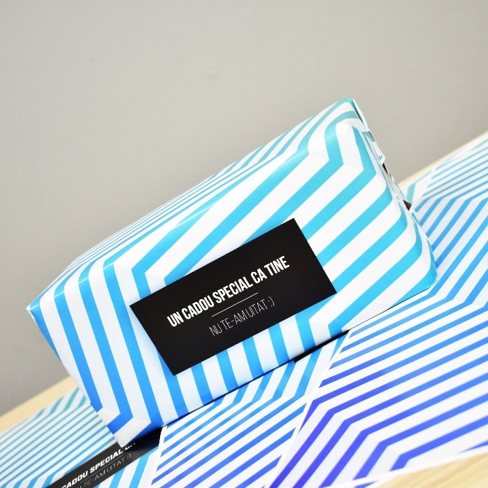 Personalised gift wrapping paper - blue gradient pattern with black border text