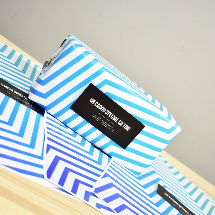 Personalised gift wrapping paper - blue gradient pattern with black border text