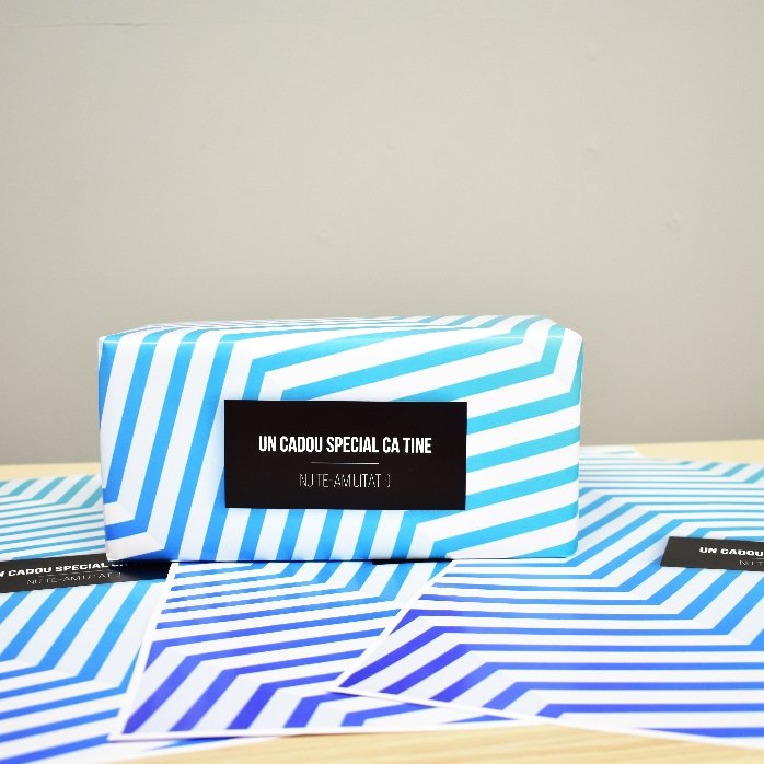 Personalised gift wrapping paper - blue gradient pattern with black border text