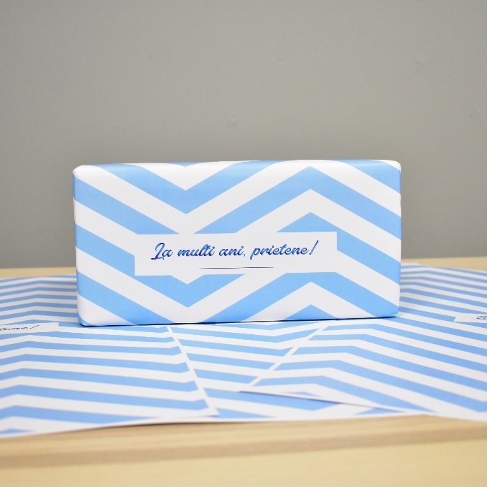 Personalised gift wrapping paper - blue stripes pattern with text in border