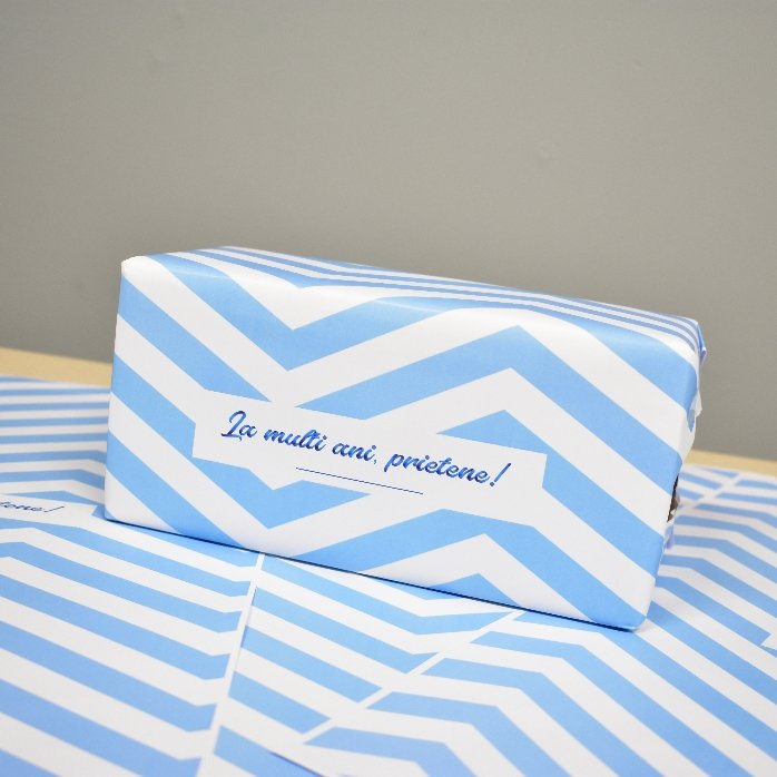 Personalised gift wrapping paper - blue stripes pattern with text in border