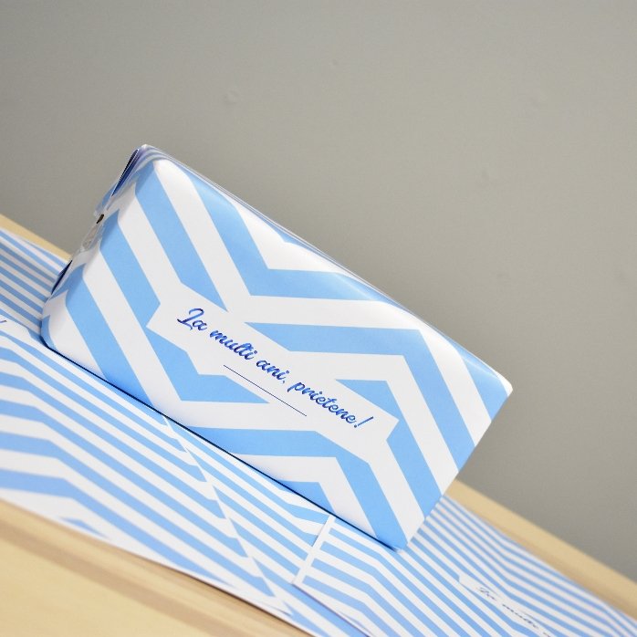 Personalised gift wrapping paper - blue stripes pattern with text in border