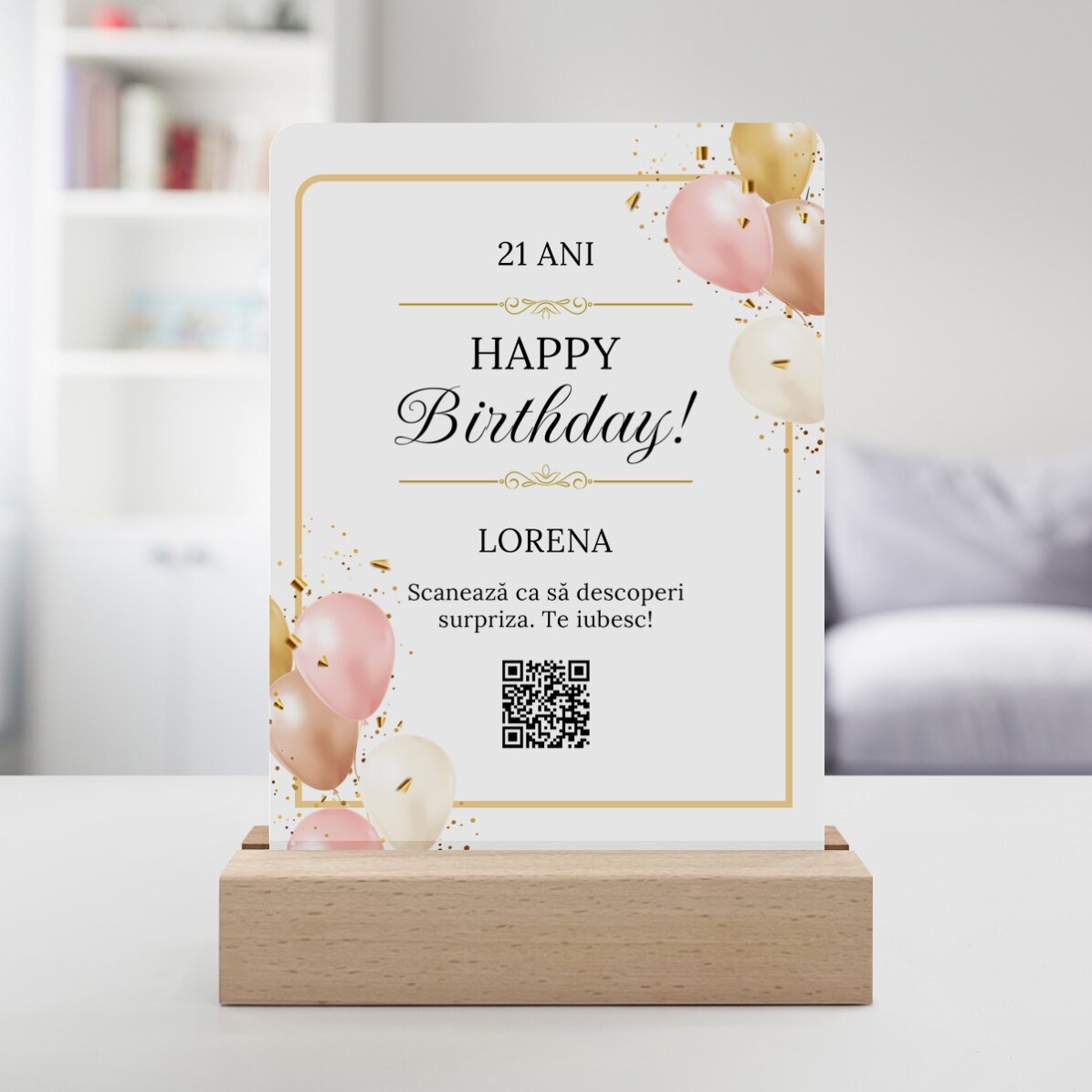 Spersonalizowana lampka nocna LED z napisem i kodem QR – Urodziny