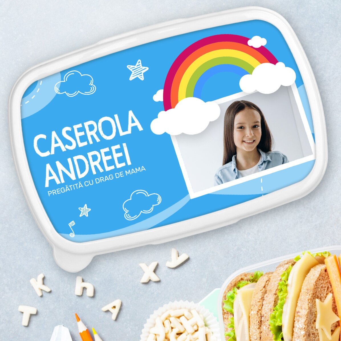 Lunch box, personalised with a photo and name - Rainbow model