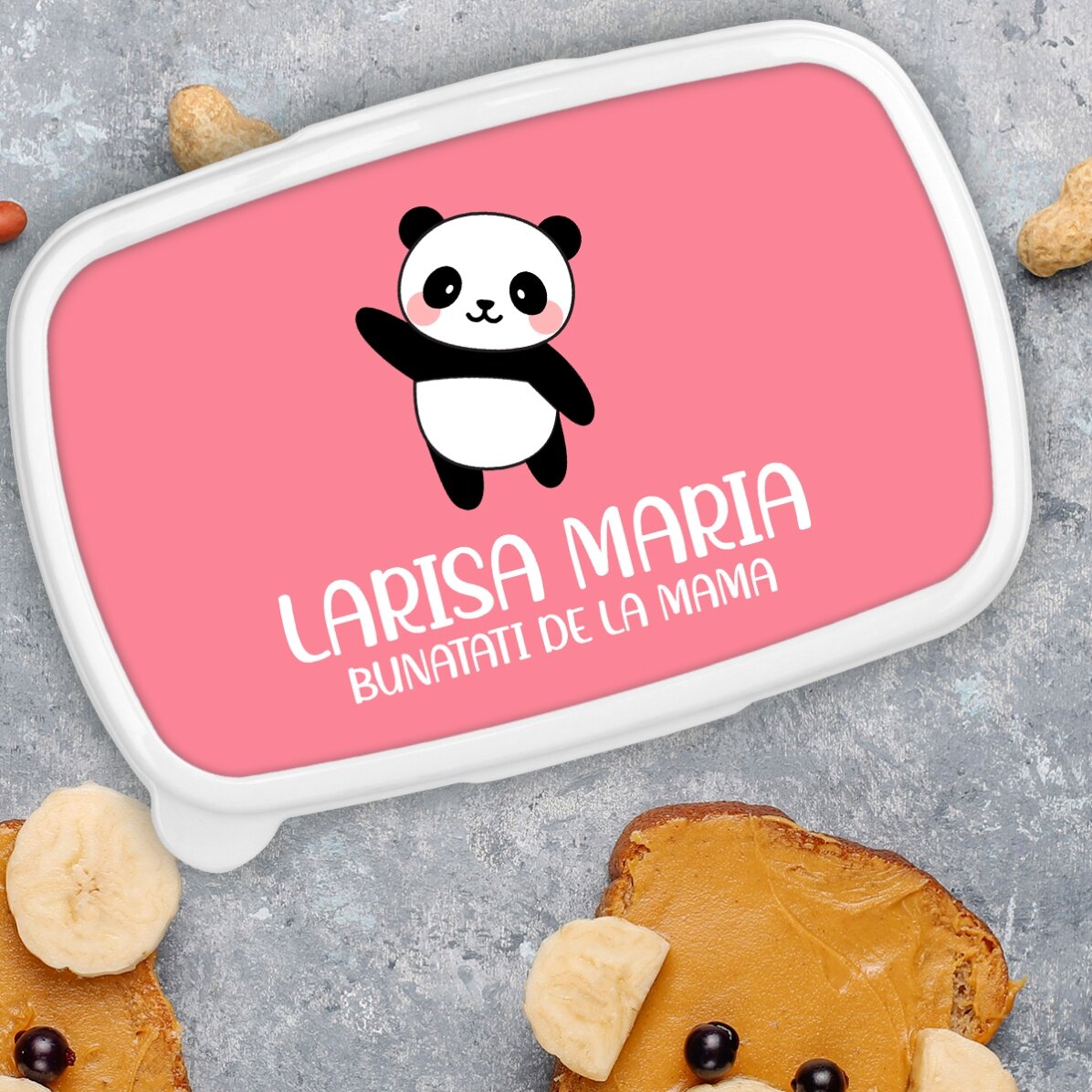 Pudełko na lunch, spersonalizowana kaserola z napisem i kolorowym tłem – Panda