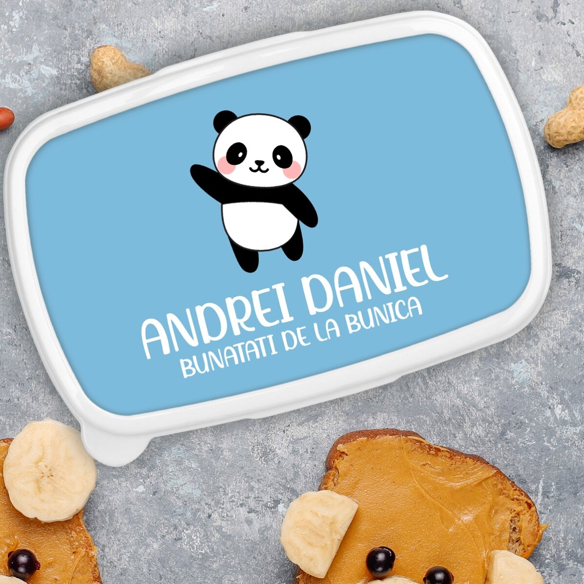 Pudełko na lunch, spersonalizowana kaserola z napisem i kolorowym tłem – Panda