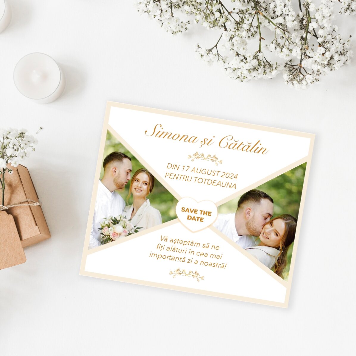 Spersonalizowany magnes o wymiarach 12 x 10 cm z 2 zdjęciami i tekstem – „Save the date”