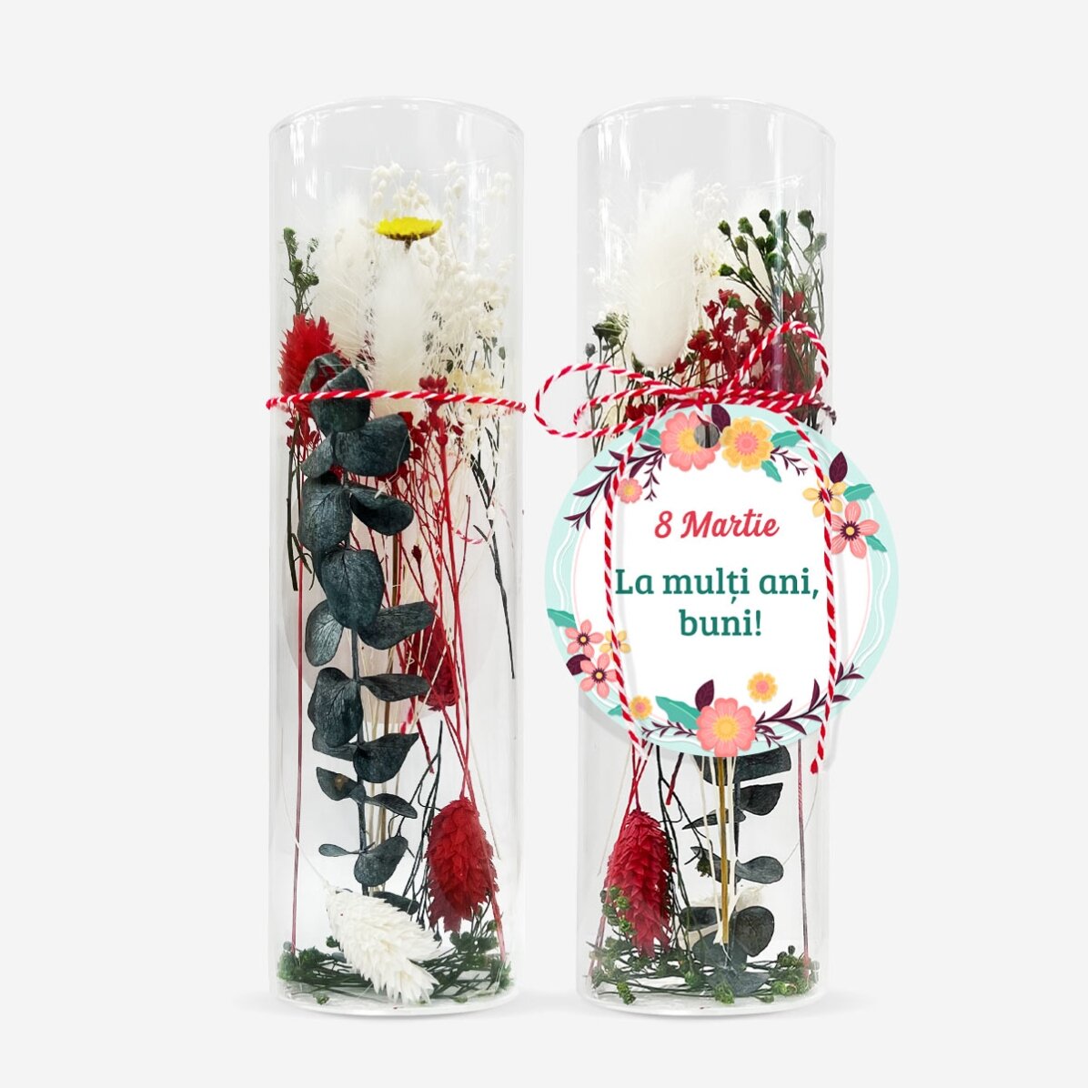 Glass martisor ornament with preserved flowers, personalised with a message