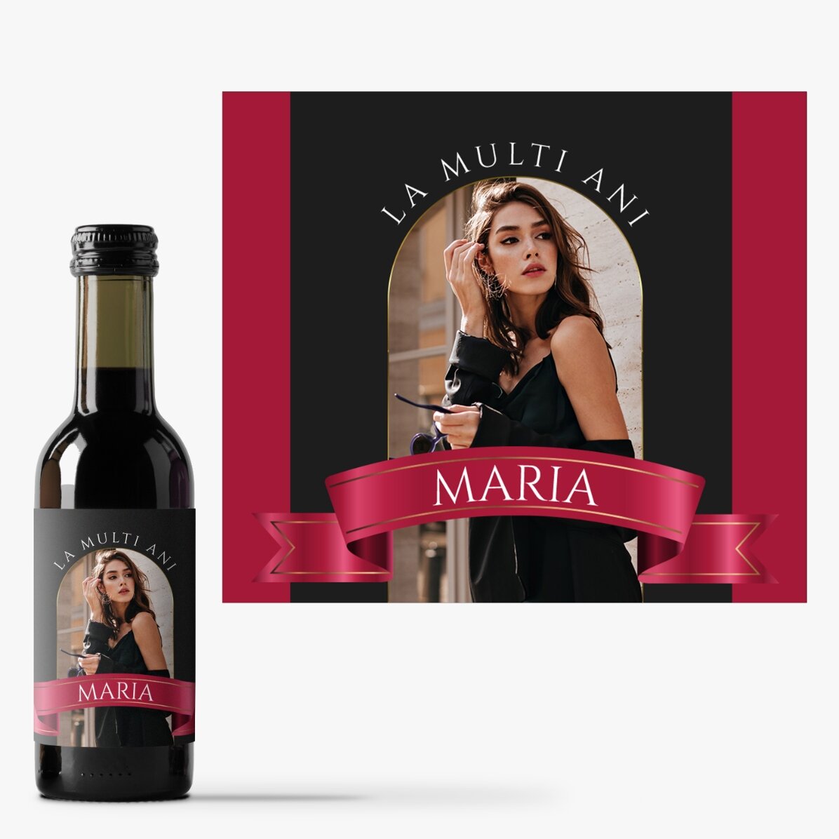 Mini wine bottle personalised with a photo and text - Ribbon