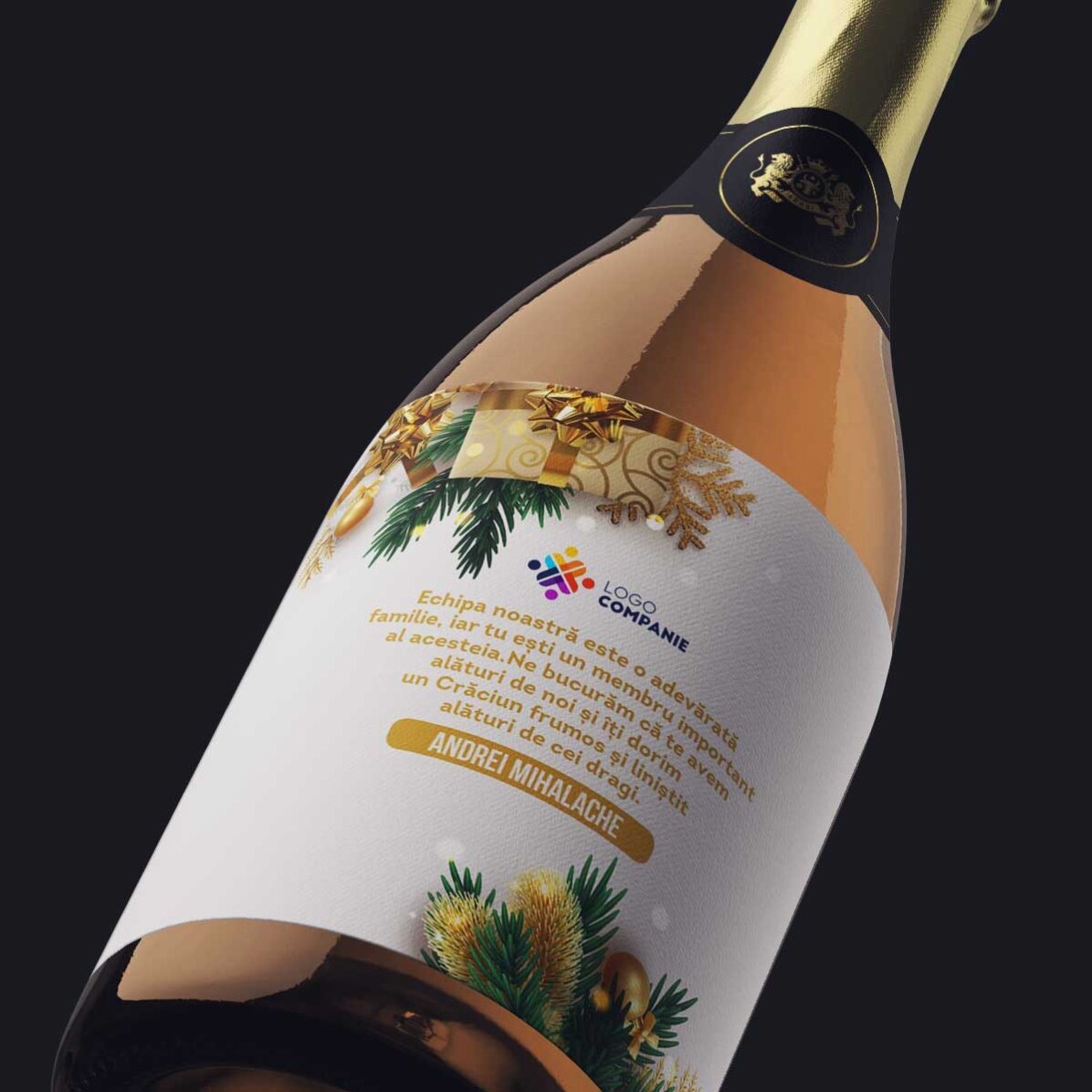 Mini bottle of sparkling wine personalised with message and logo - A festive tale