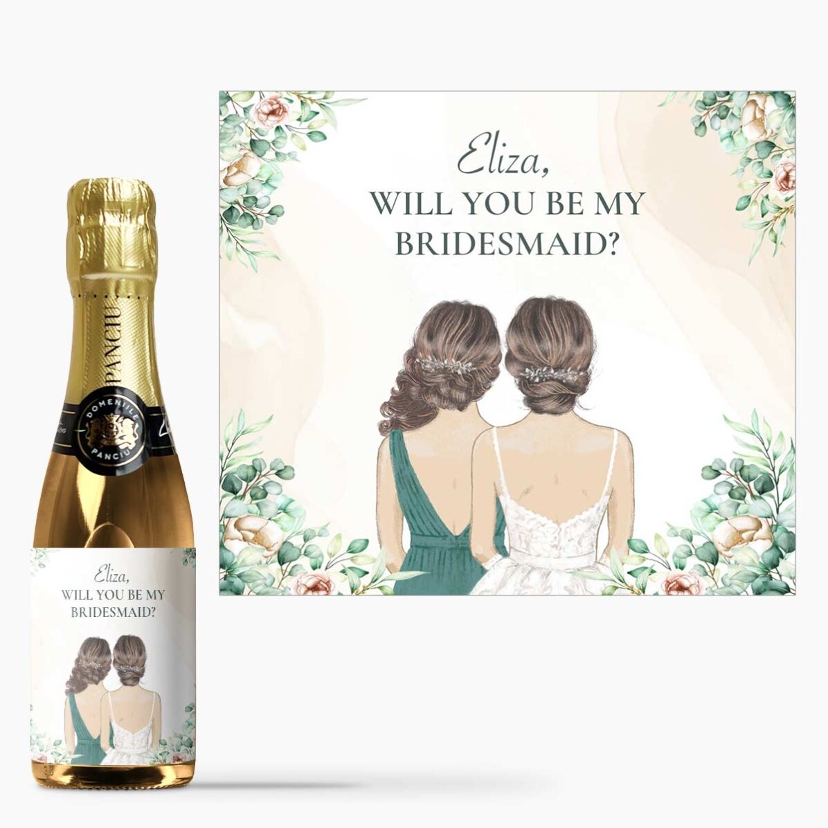 Mała buteleczka wina musującego z indywidualnym napisem – druhna