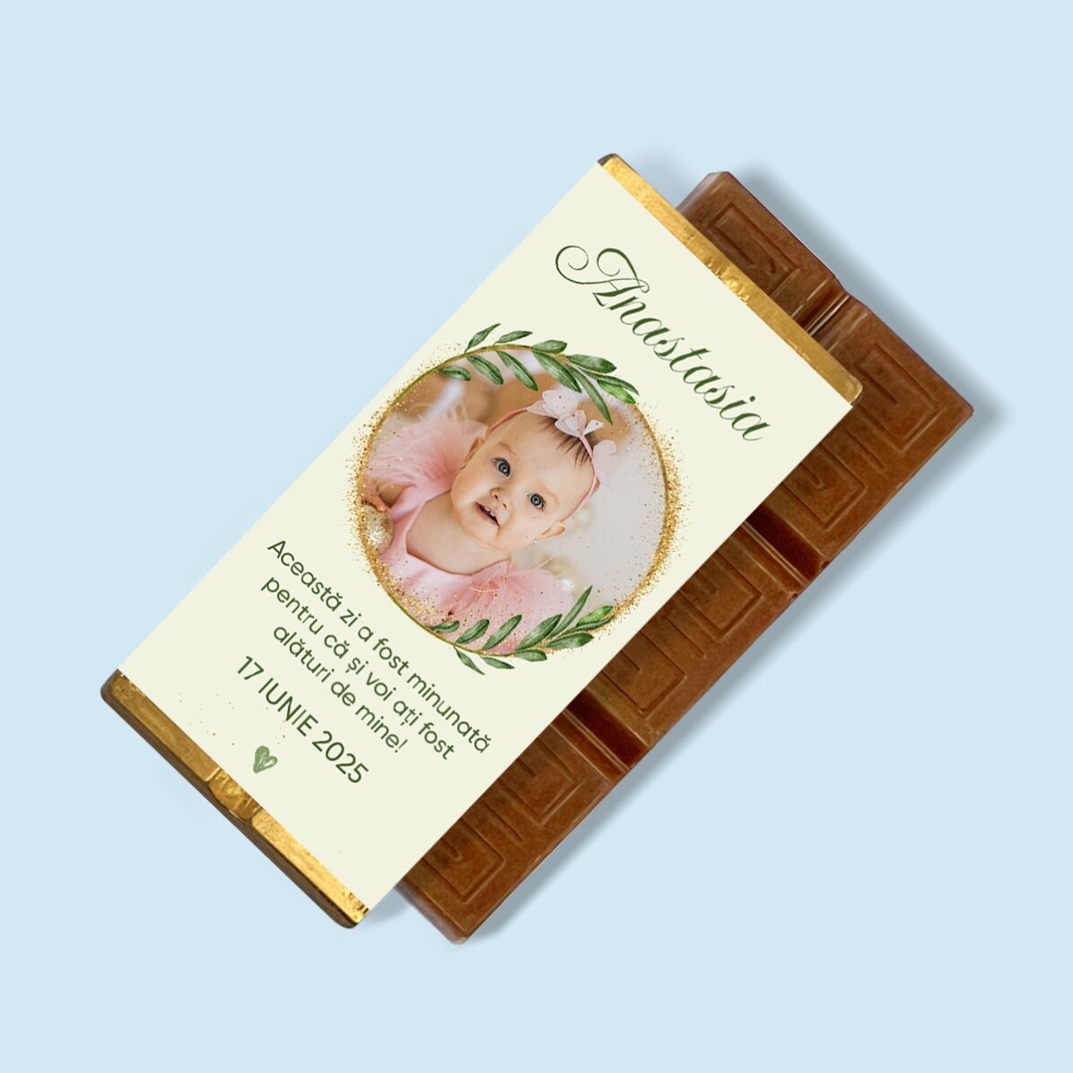 Mini tabliczka czekolady z personalizowanym nadrukiem ze zdjęciem i wiadomością na chrzciny