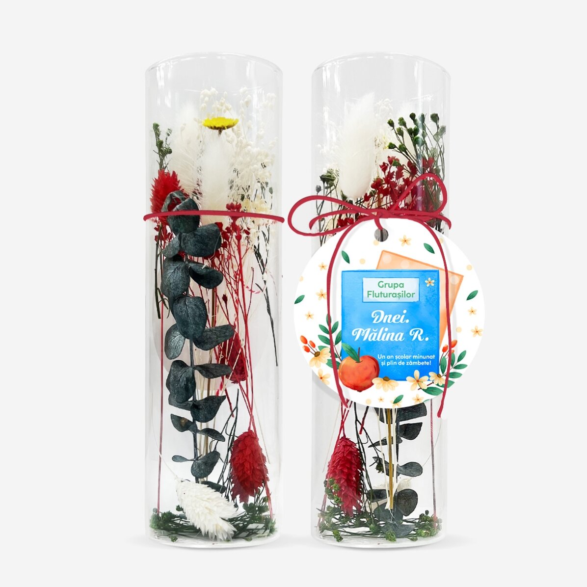 Glass ornament with preserved flowers, personalised with a message for teachers