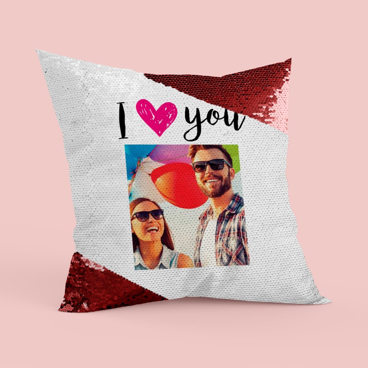Poduszka z cekinami z własnym zdjęciem – I love you