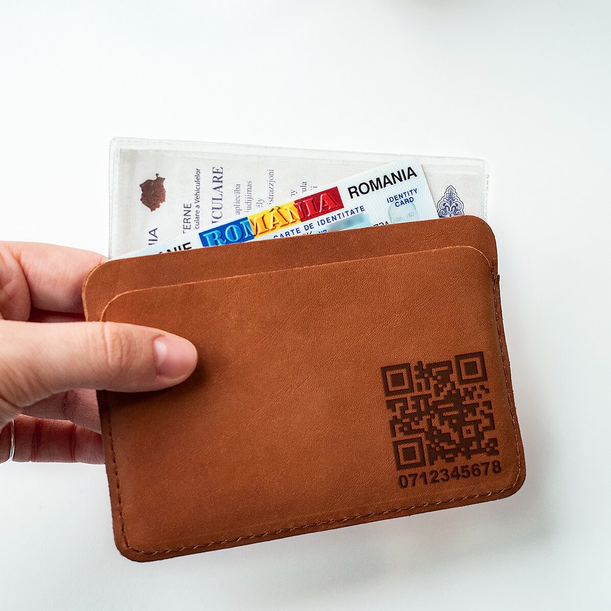 Personalised leather wallet with QR code and telephone number