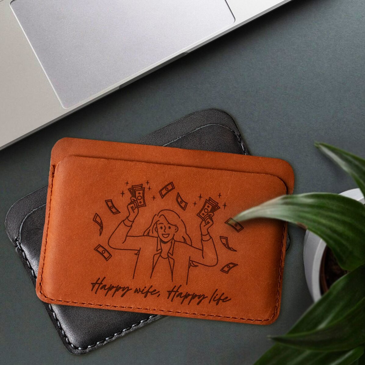 Spersonalizowany skórzany portfel z napisem – Happy wife, Happy life