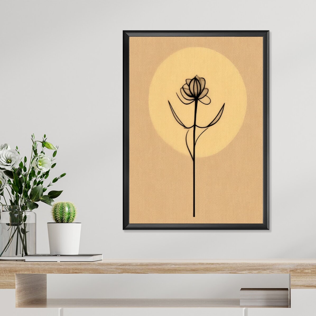 Plakat z minimalistycznym rysunkiem kwiatu w stylu line art