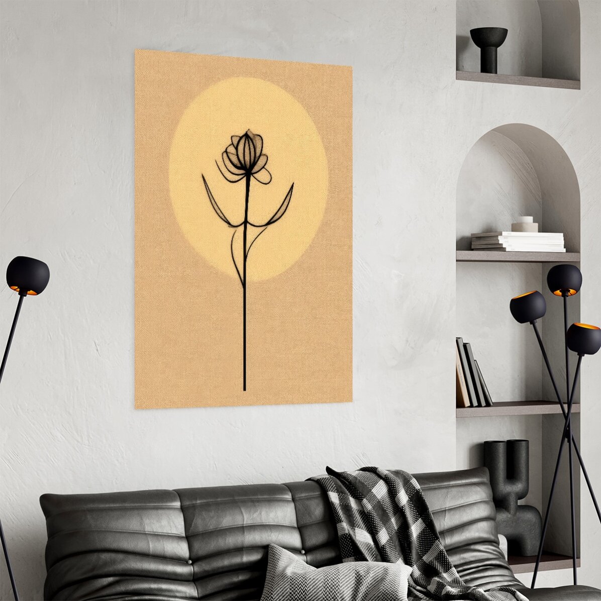 Plakat z minimalistycznym rysunkiem kwiatu w stylu line art