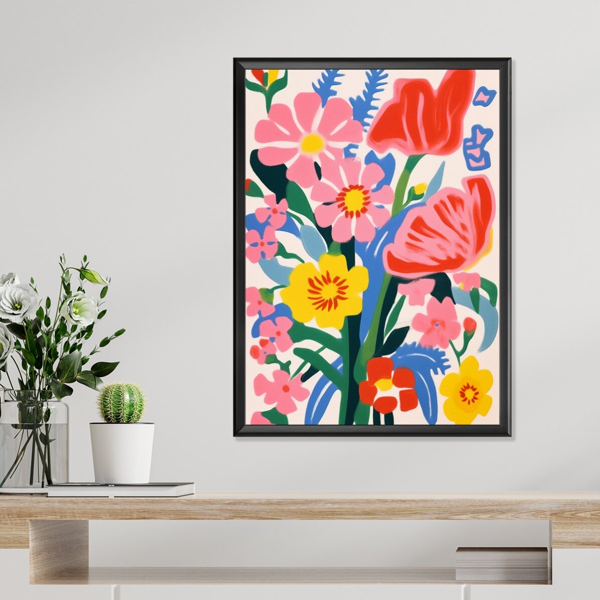 Plakat z ilustracją przedstawiającą kolorowe kwiaty, rysunek nr 1