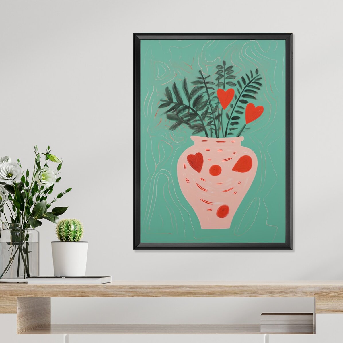 Plakat z ilustracjami przedstawiającymi rośliny w doniczkach i narysowane serduszka