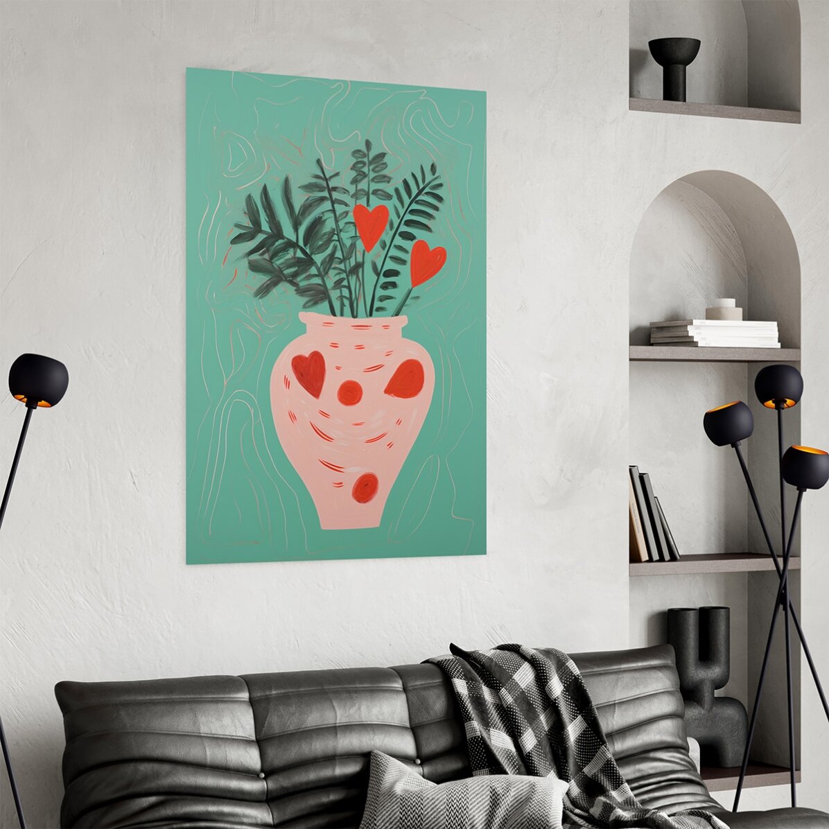 Plakat z ilustracjami przedstawiającymi rośliny w doniczkach i narysowane serduszka