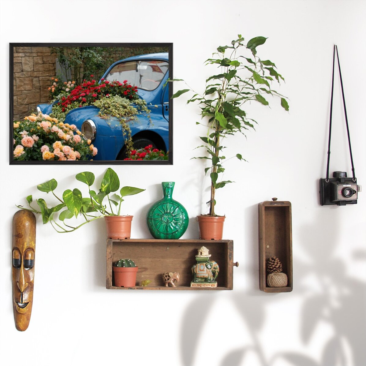 Vintage blue car with flowers poster