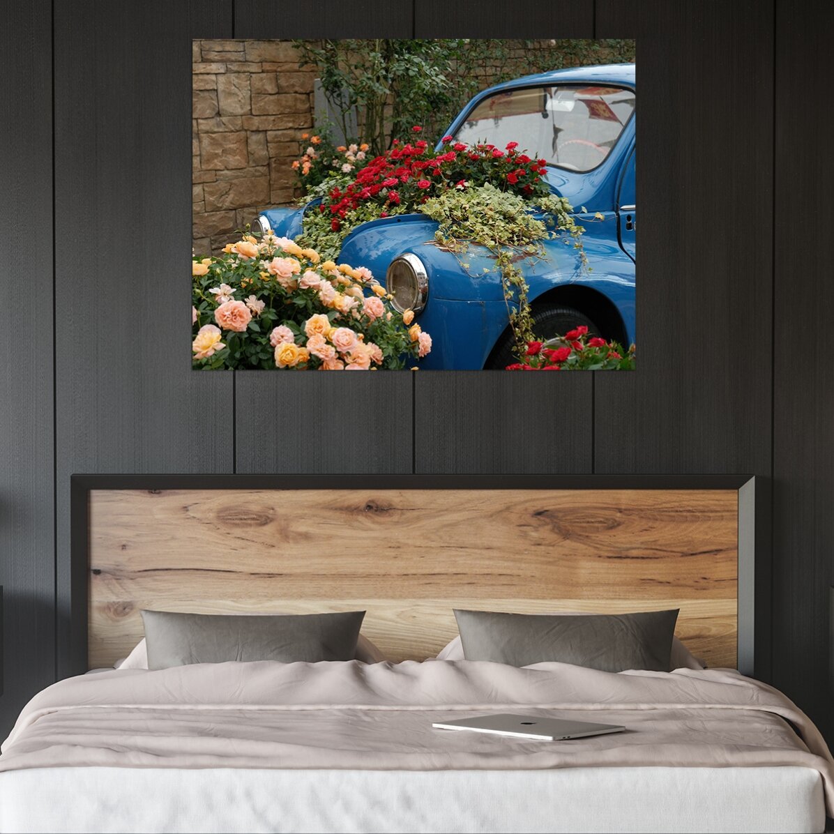 Vintage blue car with flowers poster