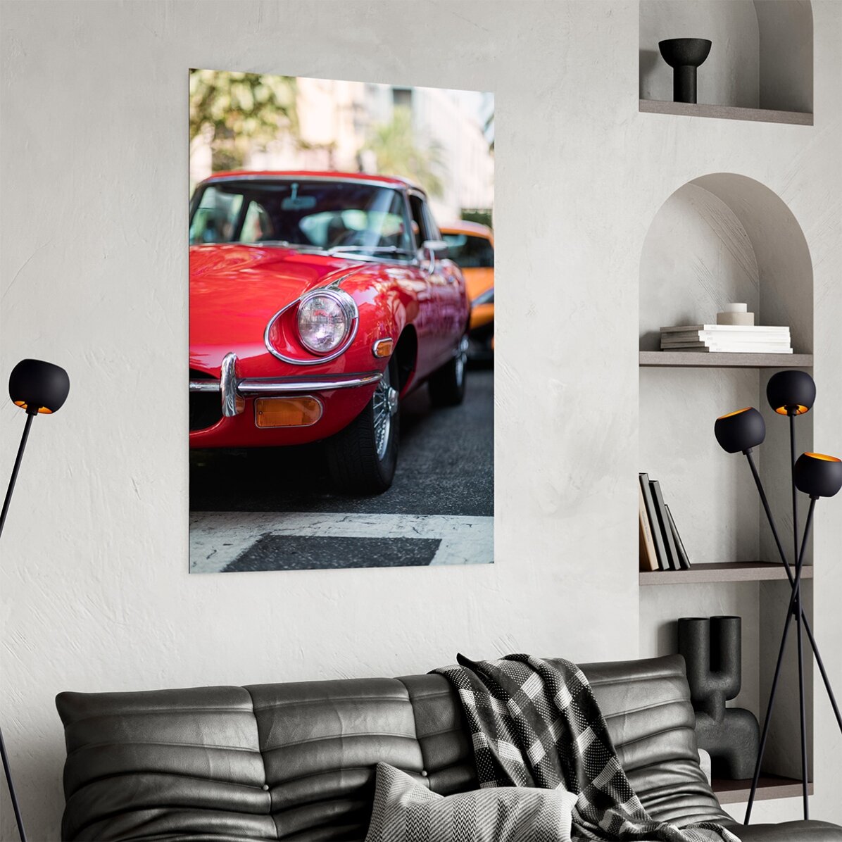 Plakat z czerwonym samochodem w stylu vintage