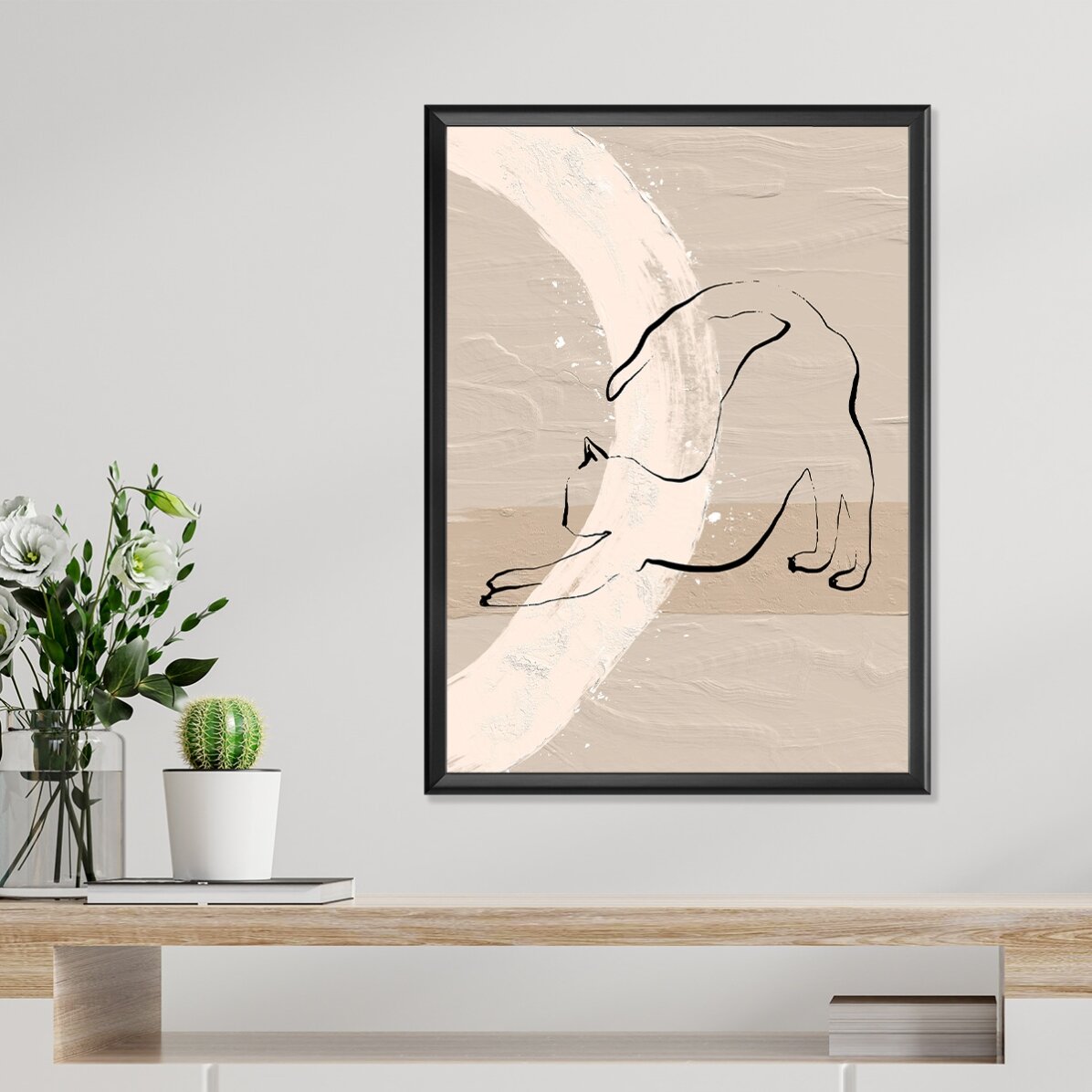 Plakat z minimalistycznym rysunkiem kota w stylu line art