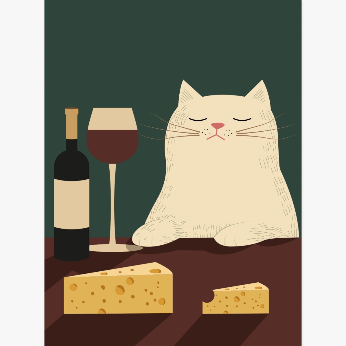 Poster Cat, wine and cheese