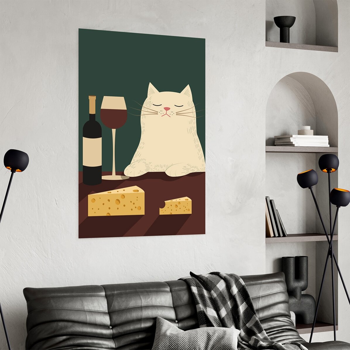 Poster Cat, wine and cheese
