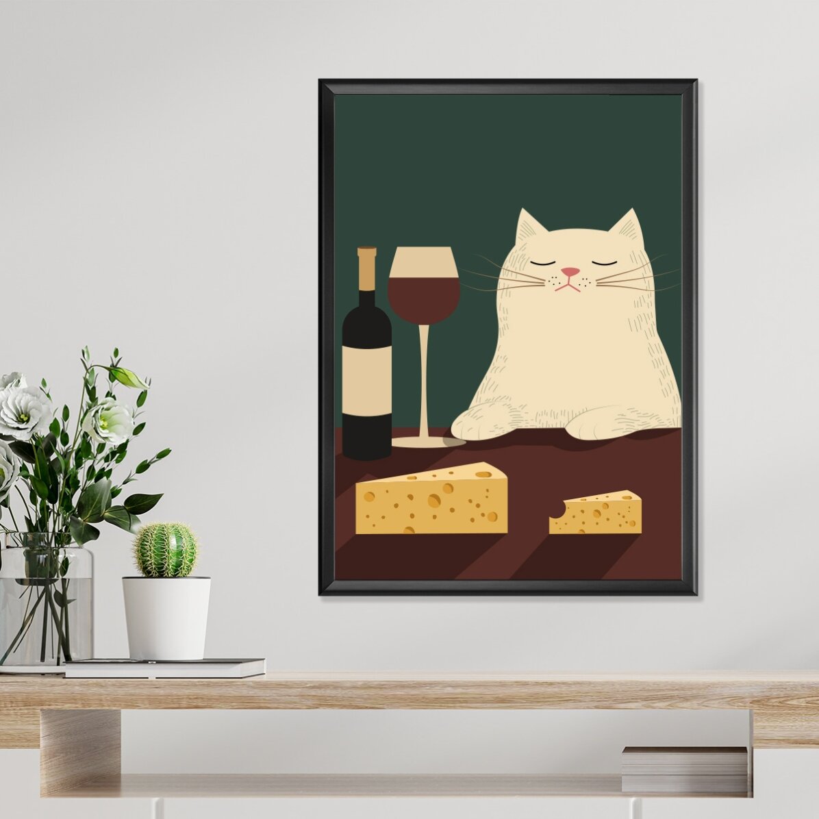 Poster Cat, wine and cheese