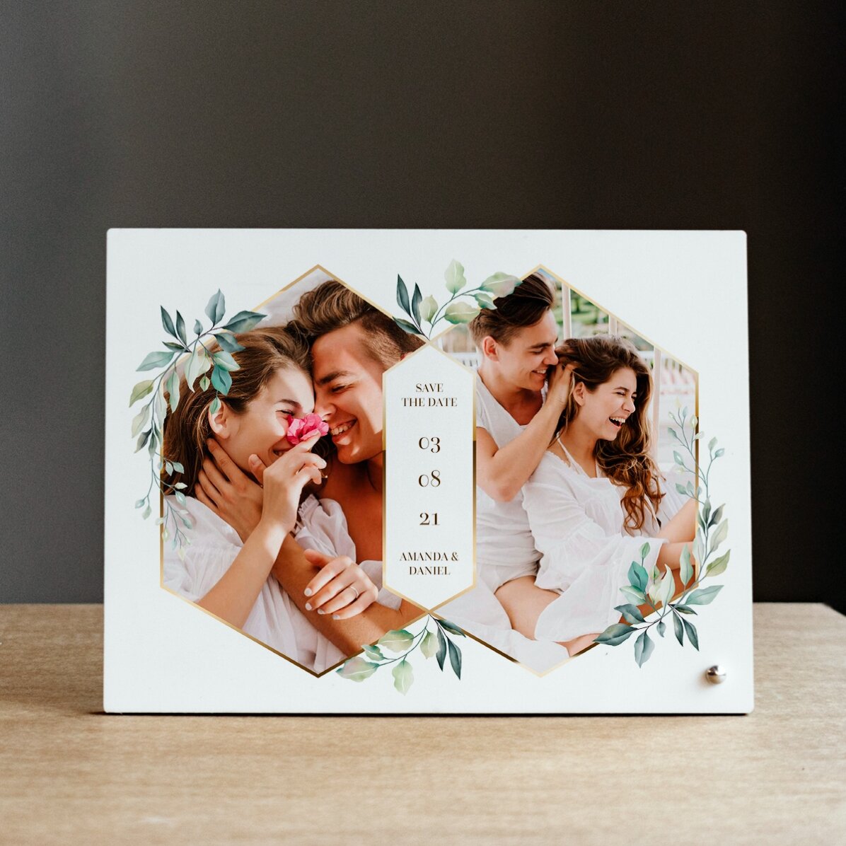 Personalised desk photo frame with 2 photos and text - Wedding