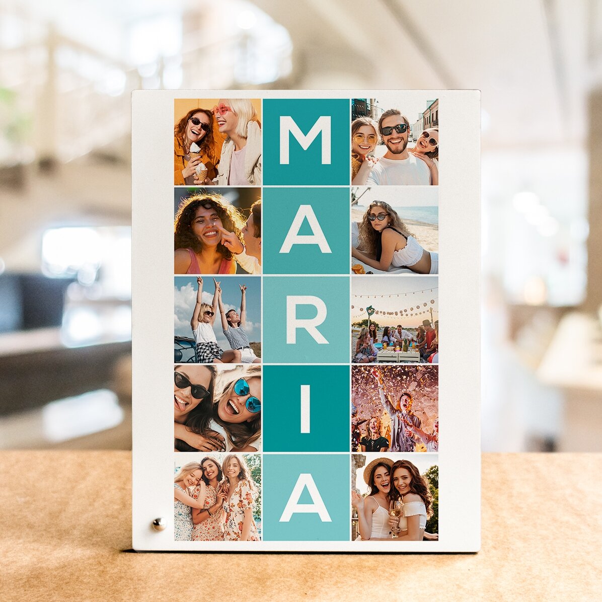 Personalised desk photo frame with 10 photos and 5-letter name vertically