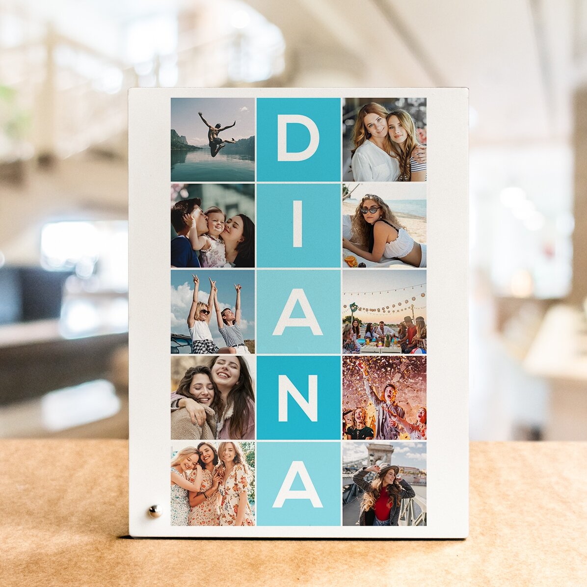Personalised desk photo frame with 10 photos and 5-letter name vertically