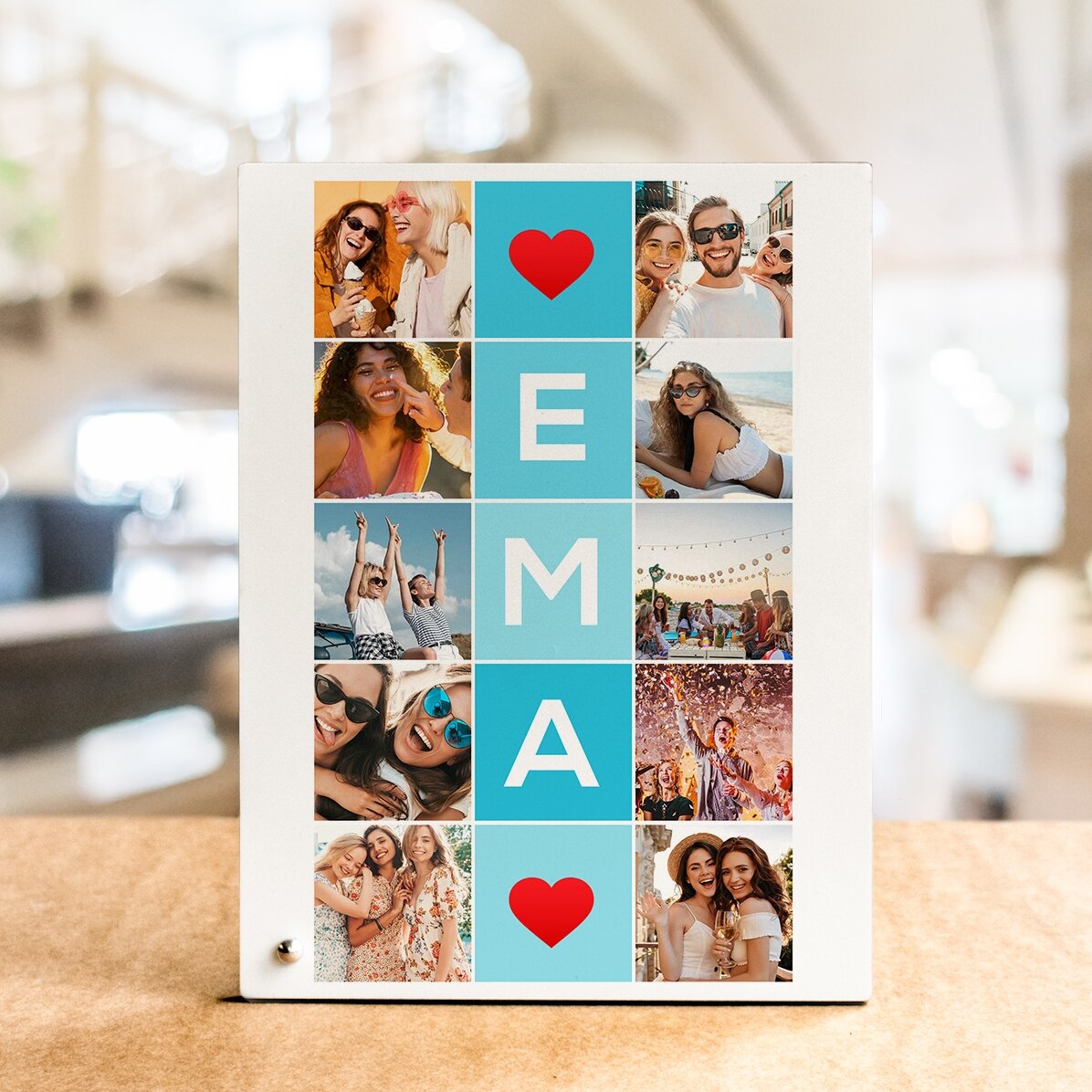 Personalised desk photo frame with 10 photos and 5-letter name vertically