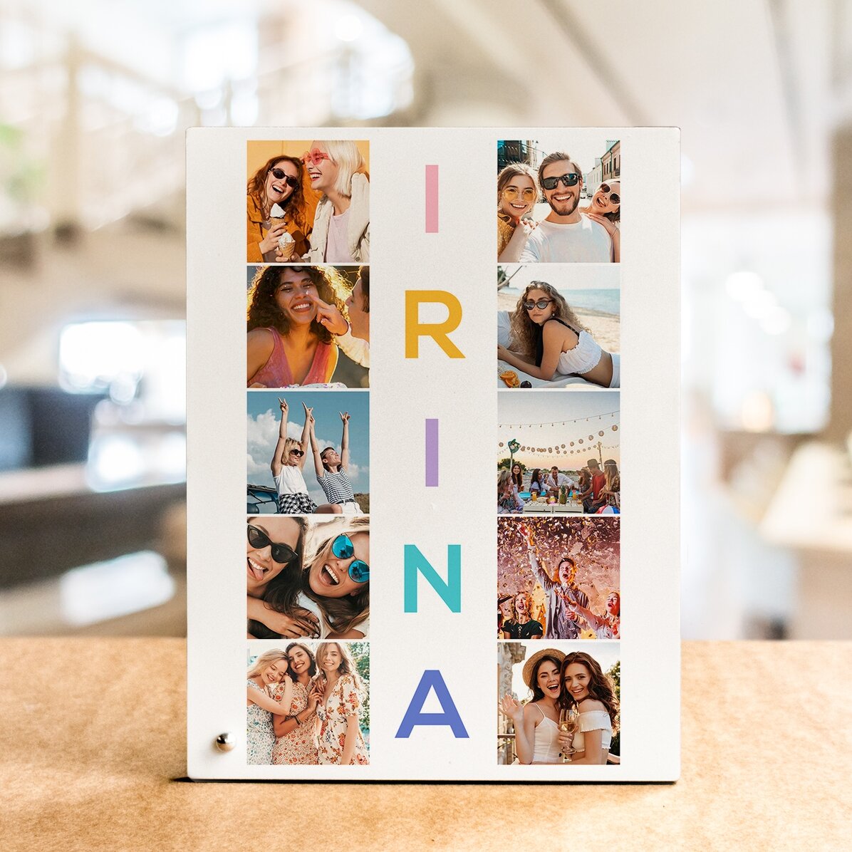 Personalised desk photo frame with 10 photos and 5-letter name vertically