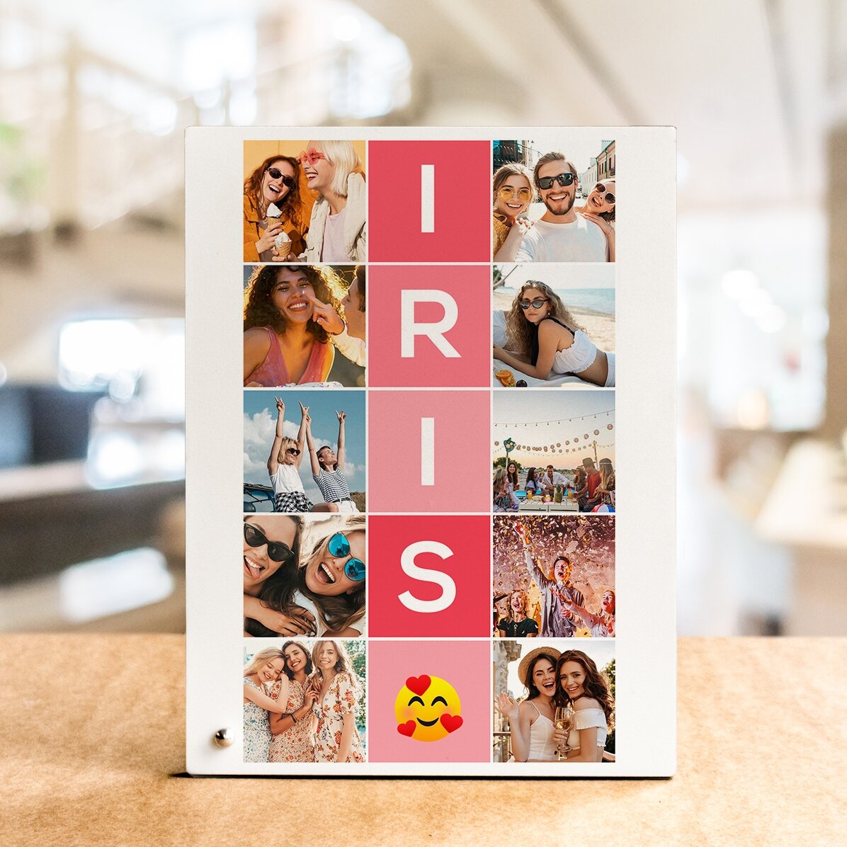 Personalised desk photo frame with 10 photos and 5-letter name vertically