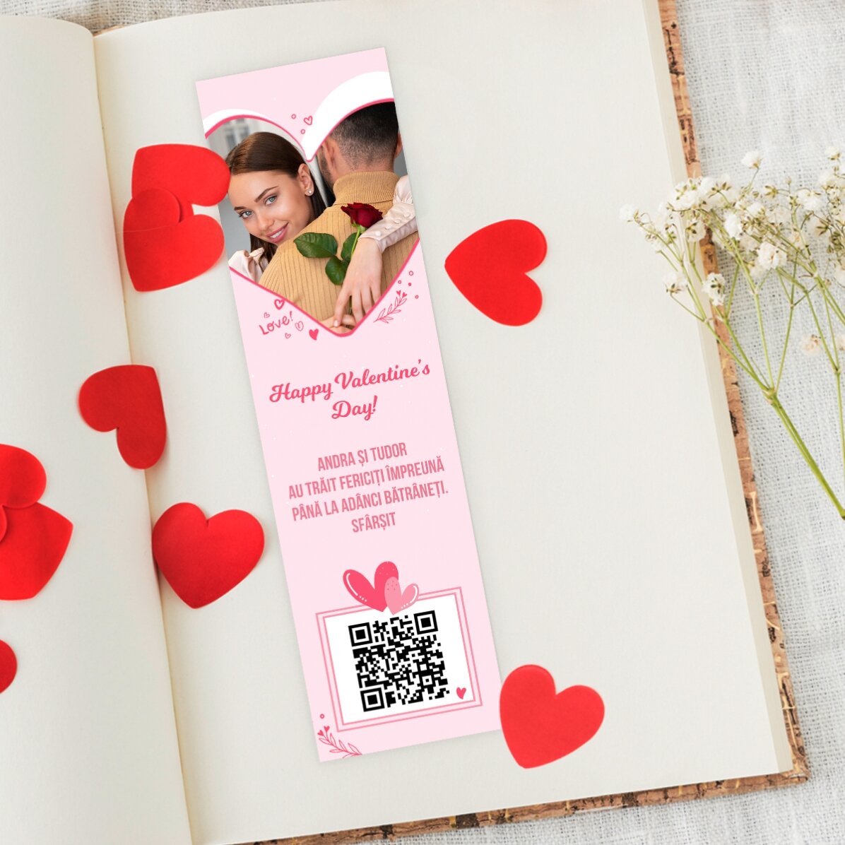 Spersonalizowana zakładka ze zdjęciem, tekstem i kodem QR – Love