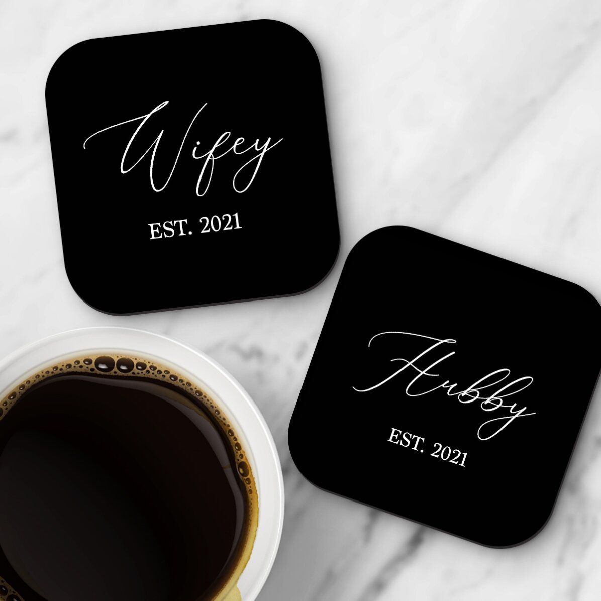 Set of 2 personalised coasters with text - His and hers