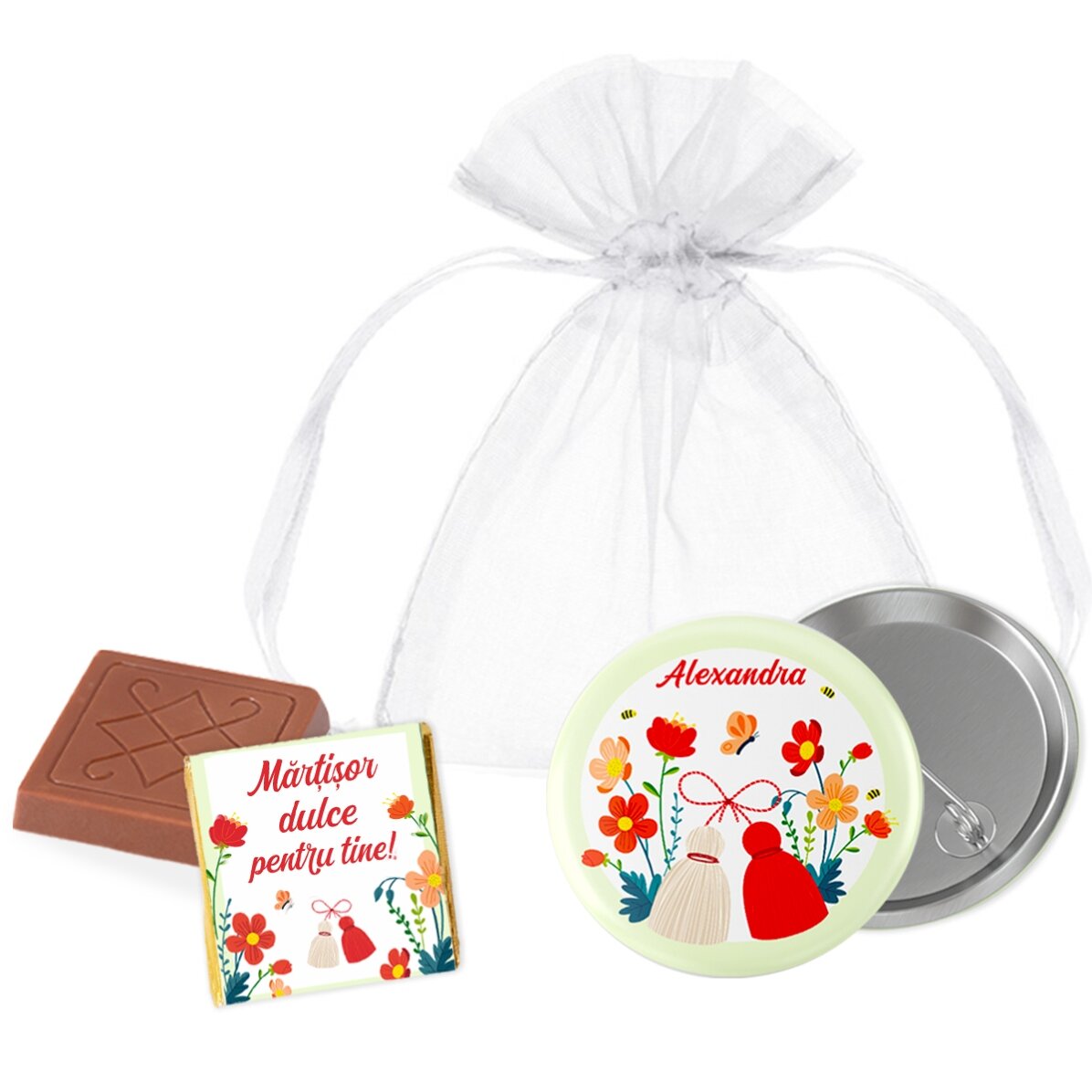 Zestaw upominkowy „martisor” z mini czekoladką i spinką z imieniem