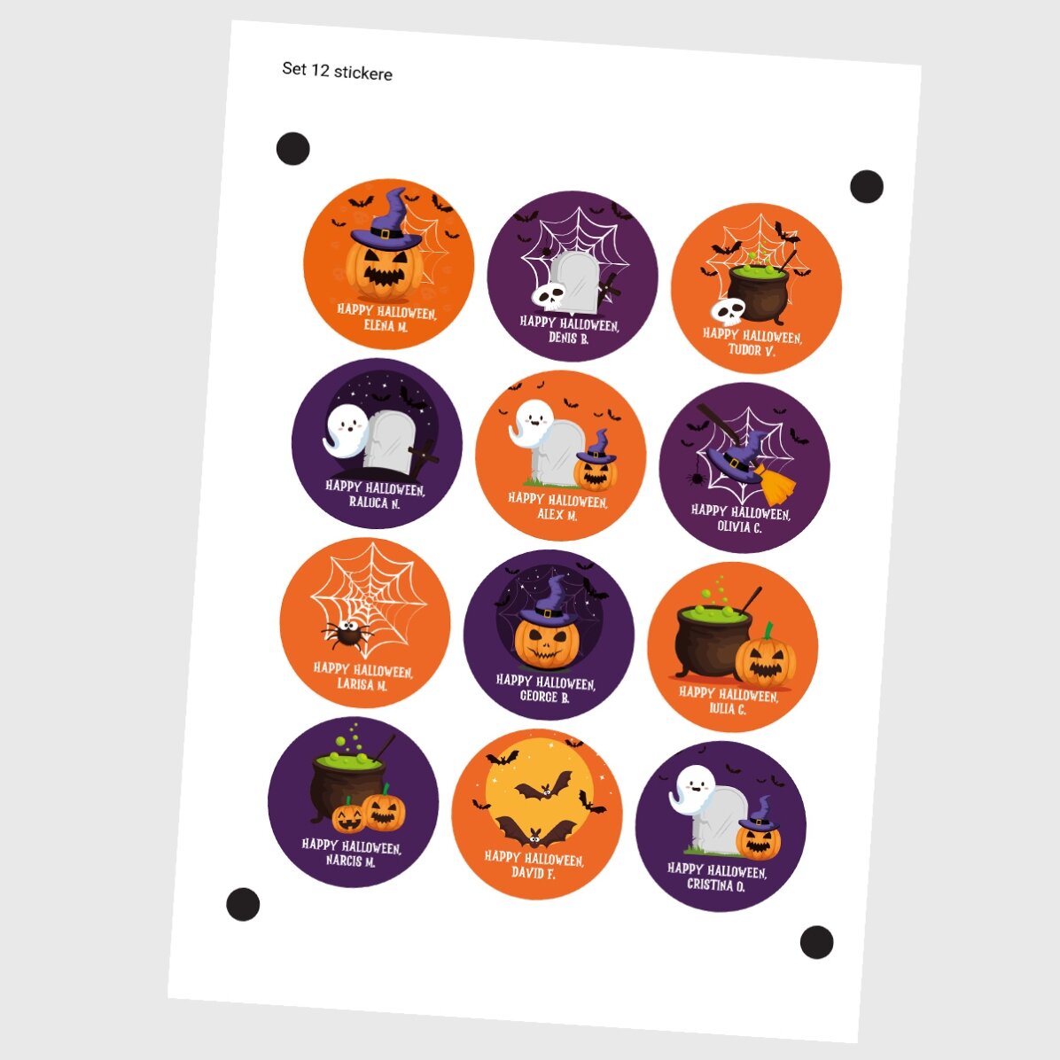 Zestaw 12 okrągłych naklejek (samoprzylepnych etykiet) z indywidualnym napisem – Halloween