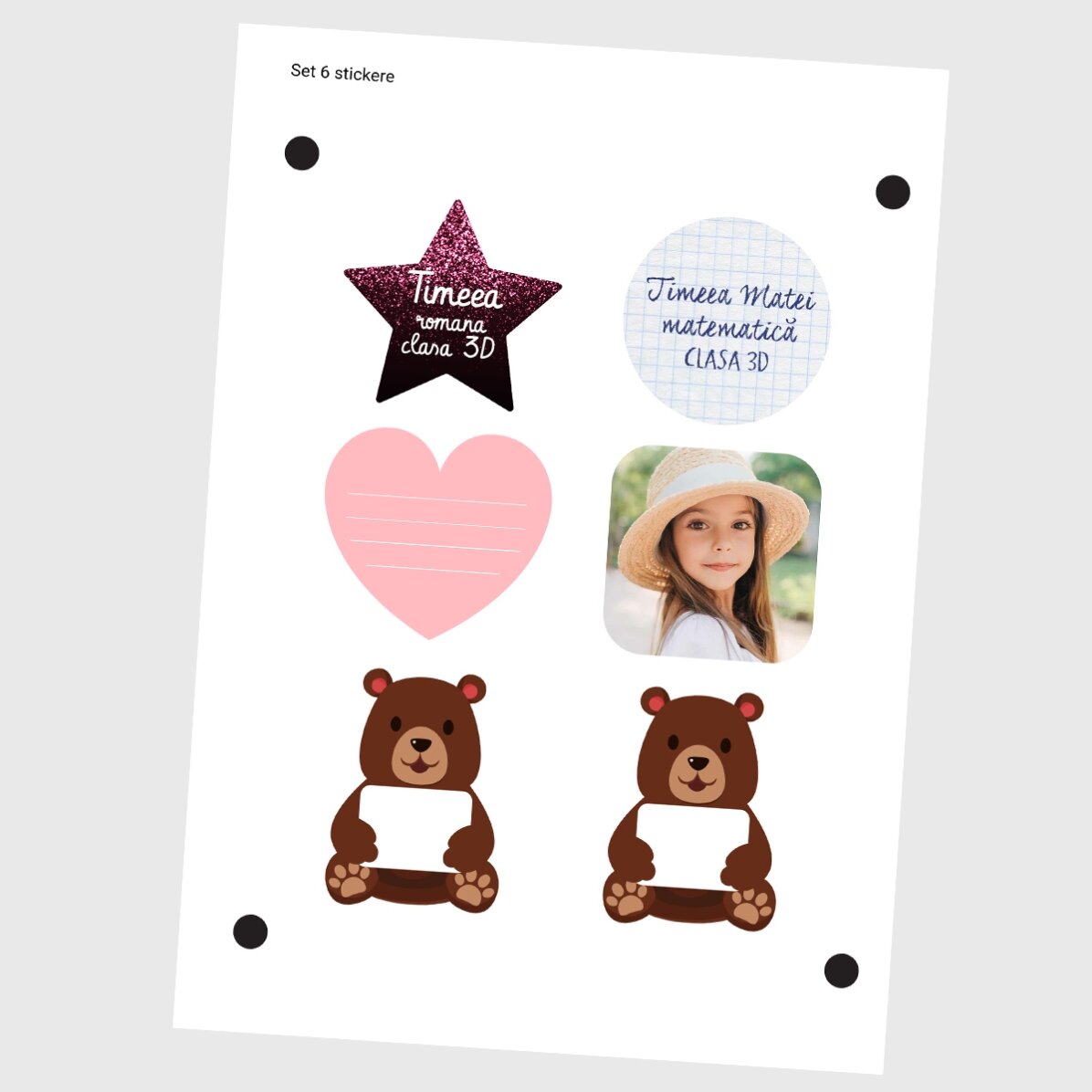 Set of 6 customised stickers (self-adhesive labels) for school - Cute