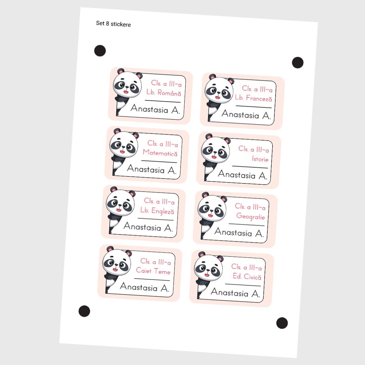 Zestaw 8 spersonalizowanych naklejek (samoprzylepnych etykiet) do szkoły – Panda