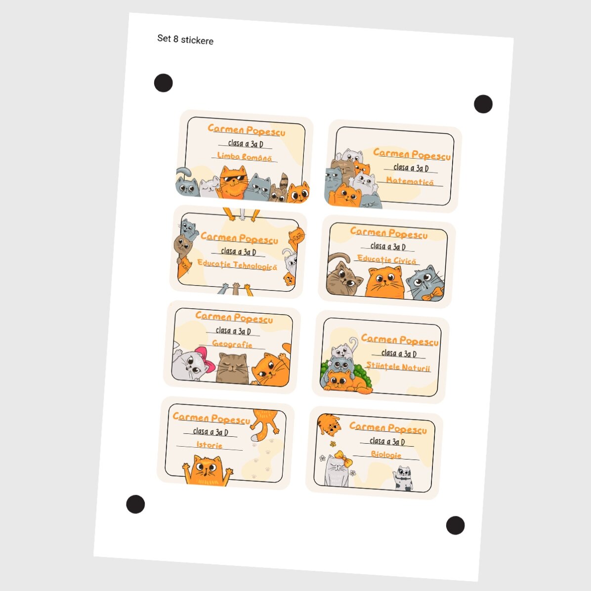 Zestaw 8 spersonalizowanych naklejek (samoprzylepnych etykiet) do szkoły z napisem – Kittens