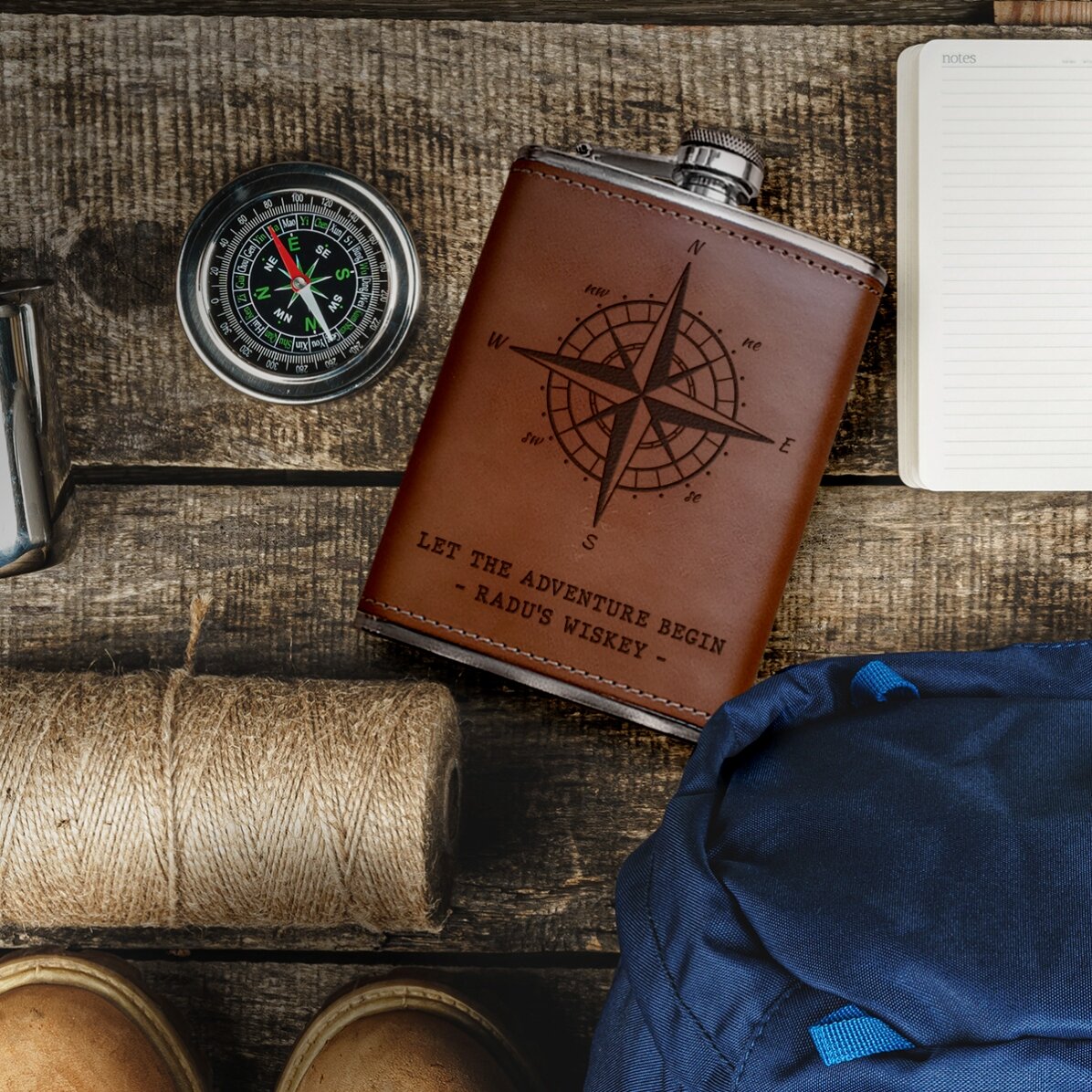 Leather-covered pocket flask personalised with text - Compass