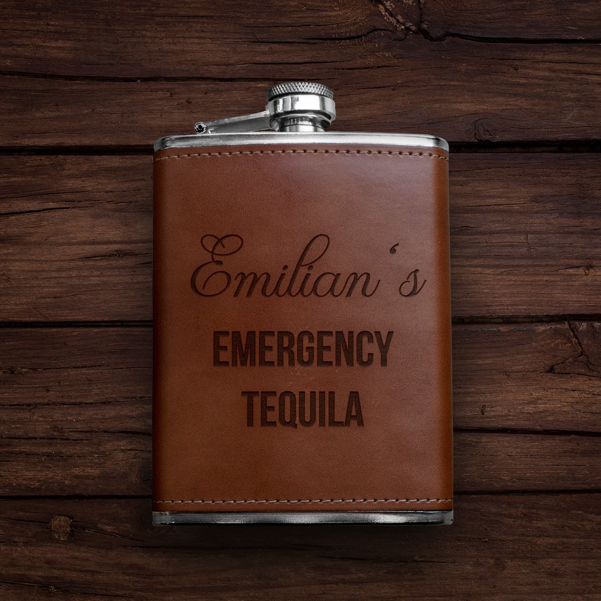 Spersonalizowana kieszonkowa butelka w skórzanym etui – Emergency Tequila