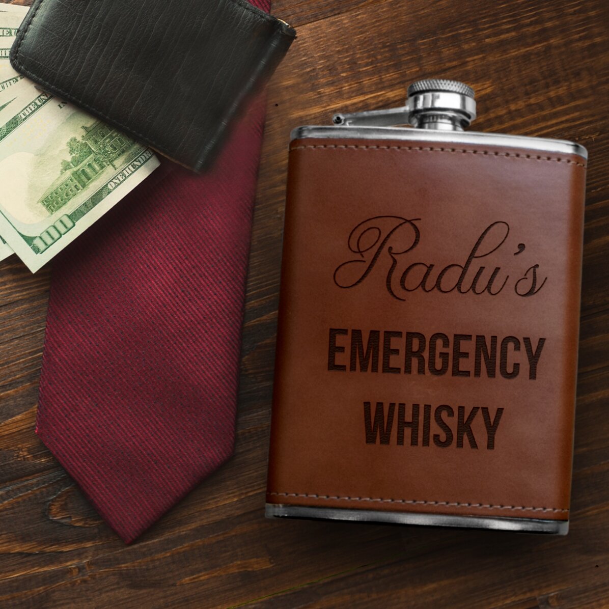 Spersonalizowana kieszonkowa butelka w skórzanym etui – Emergency Tequila