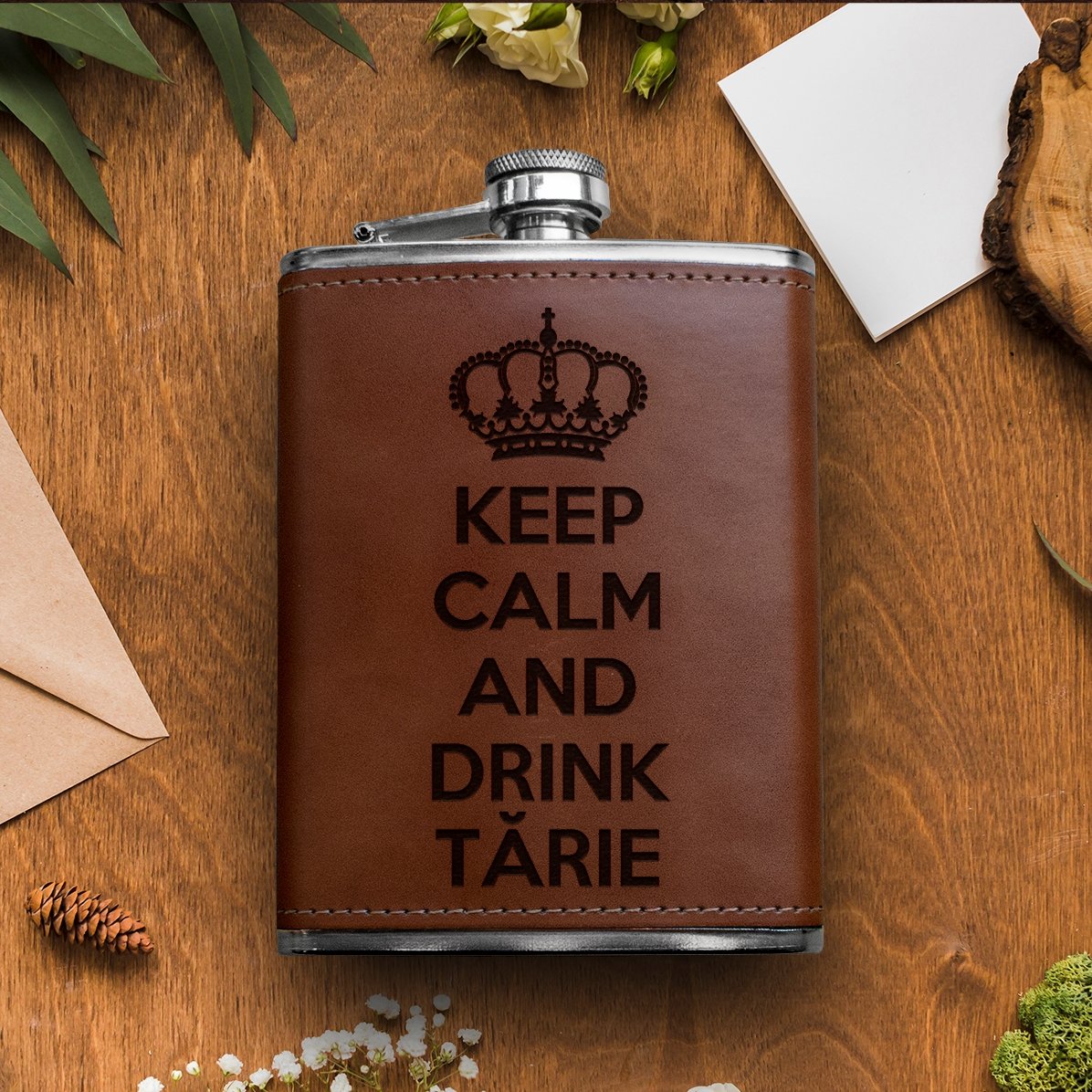 Personalised leather-covered pocket flask - Keep Calm